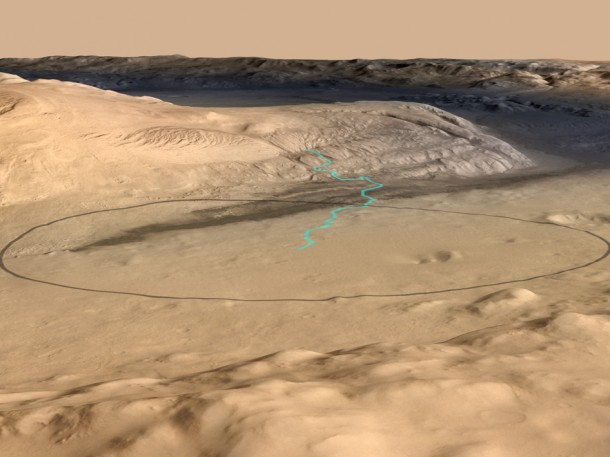 This image shows the target landing area for Curiosity, the rover of NASA's Mars Science Laboratory mission. Image Credit: NASA/JPL-Caltech/ESA/DLR/FU Berlin/MSSS This image shows the target landing area for Curiosity, the rover of NASA's Mars Science Laboratory mission. Image Credit: NASA/JPL-Caltech/ESA/DLR/FU Berlin/MSSS