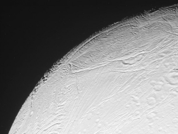 This raw image from NASA's Cassini spacecraft was taken on March 27, 2012. The camera was pointing toward Saturn's moon Enceladus at approximately 19,810 miles (31,881 kilometers) away. This raw image from NASA's Cassini spacecraft was taken on March 27, 2012. The camera was pointing toward Saturn's moon Enceladus at approximately 19,810 miles (31,881 kilometers) away.