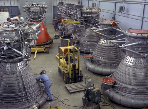 F-1 engines being stored in the F-1 Engine Preparation Shop. (NASA/MSFC) F-1 engines being stored in the F-1 Engine Preparation Shop. (NASA/MSFC)