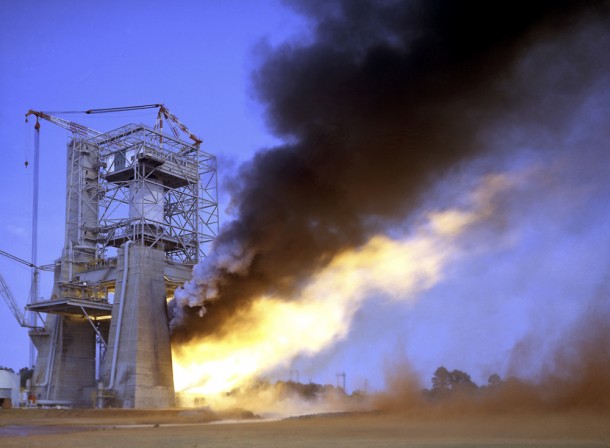 Test firing of all five F-1 engines for the Saturn V S-IC test stage at the Marshall Space Flight Center. (NASA/MSFC) Test firing of all five F-1 engines for the Saturn V S-IC test stage at the Marshall Space Flight Center. (NASA/MSFC)
