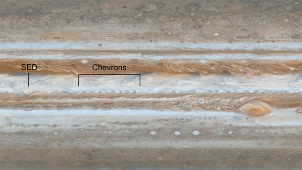 Following the path of one of Jupiter's jet streams, a line of V-shaped chevrons travels west to east just above Jupiter's Great Red Spot. Image credit: NASA/JPL/Space Science Institute Following the path of one of Jupiter's jet streams, a line of V-shaped chevrons travels west to east just above Jupiter's Great Red Spot. Image credit: NASA/JPL/Space Science Institute