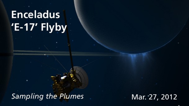 Artist's concept of the Mar. 27, 2012, flyby of Saturn's moon Enceladus by NASA's Cassini spacecraft. Image credit: NASA/JPL-Caltech Artist's concept of the Mar. 27, 2012, flyby of Saturn's moon Enceladus by NASA's Cassini spacecraft. Image credit: NASA/JPL-Caltech