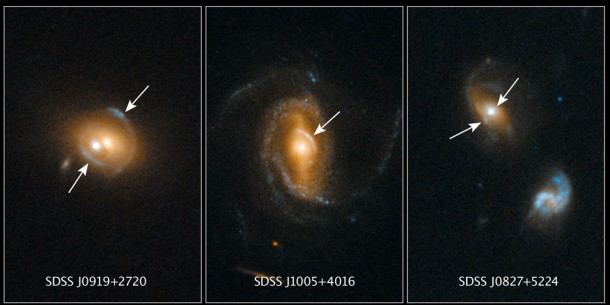 The Hubble Space Telescope's sharp view was used to look for gravitational arcs and rings (indicated by arrows), which are produced when one galaxy acts as a lens to magnify and distort the appearance of another galaxy behind it. In this case, the foreground galaxies contain actively accreting black holes called quasars. Image credit: NASA, ESA, EPFL (Switzerland) The Hubble Space Telescope's sharp view was used to look for gravitational arcs and rings (indicated by arrows), which are produced when one galaxy acts as a lens to magnify and distort the appearance of another galaxy behind it. In this case, the foreground galaxies contain actively accreting black holes called quasars. Image credit: NASA, ESA, EPFL (Switzerland)