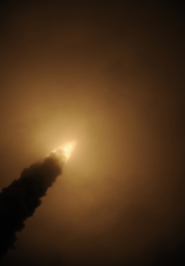Ariane 5 climbs through a low cloud deck as it ascends from French Guiana on the mission to deploy Europe’s no. 3 Automated Transfer Vehicle. Ariane 5 climbs through a low cloud deck as it ascends from French Guiana on the mission to deploy Europe’s no. 3 Automated Transfer Vehicle.
