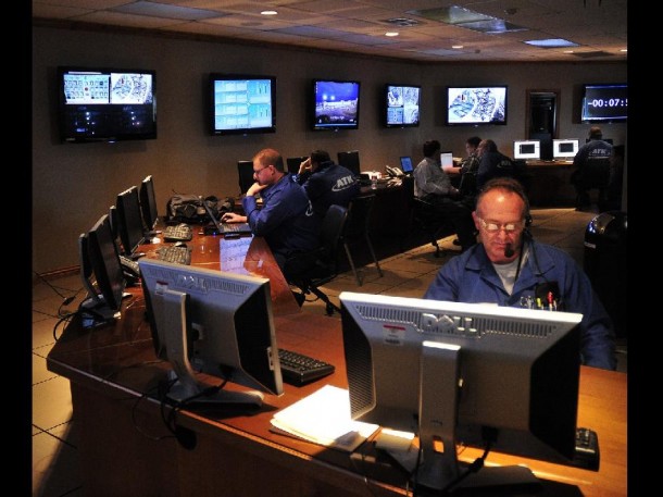 Test technicians in ATK’s instrumentation room review data during the March 28 avionics and controls testing of the SLS booster. (ATK) Test technicians in ATK’s instrumentation room review data during the March 28 avionics and controls testing of the SLS booster. (ATK)