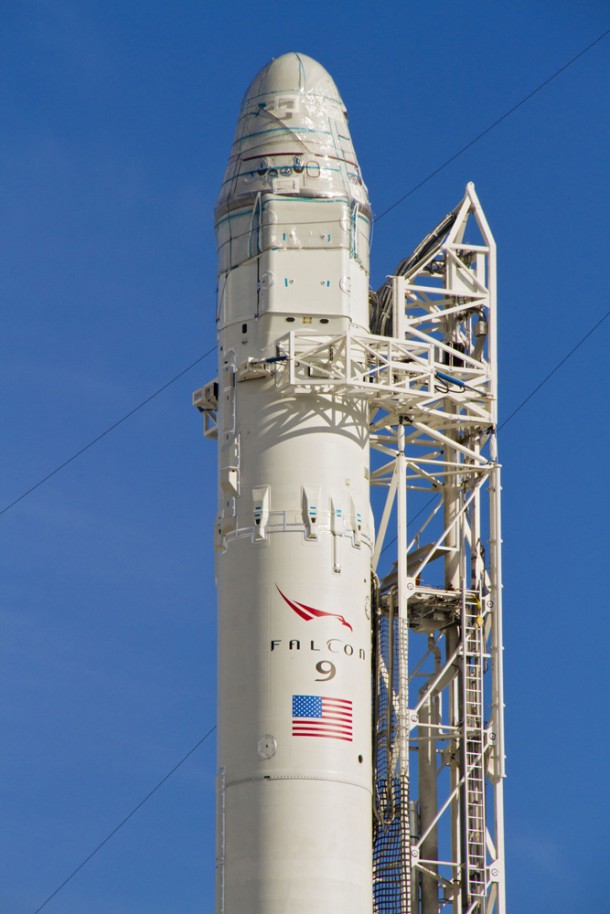 The Dragon spacecraft stands atop the Falcon 9 rocket during a recent test at the launch pad it will lift off from later this month. Image credit: NASA/Cory Huston The Dragon spacecraft stands atop the Falcon 9 rocket during a recent test at the launch pad it will lift off from later this month. Image credit: NASA/Cory Huston
