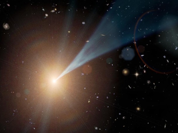 This artist's concept shows a "feeding," or active, supermassive black hole with a jet streaming outward at nearly the speed of light. Such active black holes are often found at the hearts of elliptical galaxies. Not all black holes have jets, but when they do, the jets can be pointed in any direction. If a jet happens to shine at Earth, the object is called a blazar. Image credit: NASA/JPL-Caltech This artist's concept shows a "feeding," or active, supermassive black hole with a jet streaming outward at nearly the speed of light. Such active black holes are often found at the hearts of elliptical galaxies. Not all black holes have jets, but when they do, the jets can be pointed in any direction. If a jet happens to shine at Earth, the object is called a blazar. Image credit: NASA/JPL-Caltech