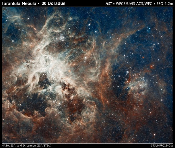 The image comprises one of the largest mosaics ever assembled from Hubble photos and includes observations taken by Hubble's Wide Field Camera 3 and Advanced Camera for Surveys. Hubble made the observations in October 2011. NASA and the Space Telescope Science Institute are releasing the image to celebrate Hubble's 22nd anniversary. Credit: NASA, ESA, D. Lennon and E. Sabbi (ESA/STScI), J. Anderson, S. E. de Mink, R. van der Marel, T. Sohn, and N. Walborn (STScI), N. Bastian (Excellence Cluster, Munich), L. Bedin (INAF, Padua), E. Bressert (ESO), P. Crowther (University of Sheffield), A. de Koter (University of Amsterdam), C. Evans (UKATC/STFC, Edinburgh), A. Herrero (IAC, Tenerife), N. Langer (AifA, Bonn), I. Platais (JHU), and H. Sana (University of Amsterdam) The image comprises one of the largest mosaics ever assembled from Hubble photos and includes observations taken by Hubble's Wide Field Camera 3 and Advanced Camera for Surveys. Hubble made the observations in October 2011. NASA and the Space Telescope Science Institute are releasing the image to celebrate Hubble's 22nd anniversary. Credit: NASA, ESA, D. Lennon and E. Sabbi (ESA/STScI), J. Anderson, S. E. de Mink, R. van der Marel, T. Sohn, and N. Walborn (STScI), N. Bastian (Excellence Cluster, Munich), L. Bedin (INAF, Padua), E. Bressert (ESO), P. Crowther (University of Sheffield), A. de Koter (University of Amsterdam), C. Evans (UKATC/STFC, Edinburgh), A. Herrero (IAC, Tenerife), N. Langer (AifA, Bonn), I. Platais (JHU), and H. Sana (University of Amsterdam)