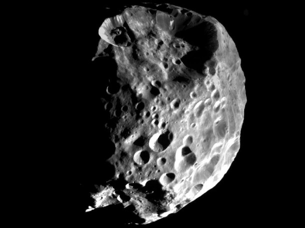 Phoebe's true nature is revealed in startling clarity in this mosaic of two images taken during Cassini's flyby on June 11, 2004. Image credit: NASA/JPL/Space Science Institute Phoebe's true nature is revealed in startling clarity in this mosaic of two images taken during Cassini's flyby on June 11, 2004. Image credit: NASA/JPL/Space Science Institute