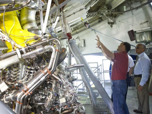 NASA Administrator Charles Bolden, right, takes an up close look at the first development J-2X engine on the A-2 Test Stand at Stennis, where the engine is being prepared for a second round of testing. Pictured with Bolden is A-2 Test Stand Director Skip Roberts. (NASA/SSC) NASA Administrator Charles Bolden, right, takes an up close look at the first development J-2X engine on the A-2 Test Stand at Stennis, where the engine is being prepared for a second round of testing. Pictured with Bolden is A-2 Test Stand Director Skip Roberts. (NASA/SSC)