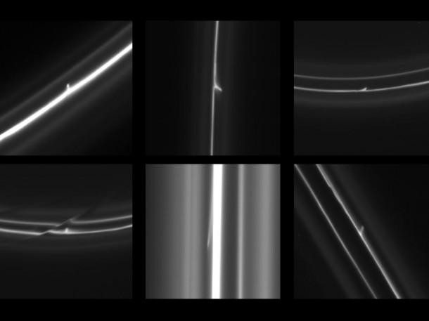 This set of six images obtained by NASA's Cassini spacecraft shows trails that were dragged out from Saturn's F ring by objects about a half mile (1 kilometer) in diameter. Image credit: NASA/JPL-Caltech/SSI/QMUL This set of six images obtained by NASA's Cassini spacecraft shows trails that were dragged out from Saturn's F ring by objects about a half mile (1 kilometer) in diameter. Image credit: NASA/JPL-Caltech/SSI/QMUL