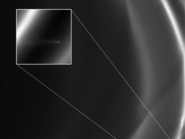 This image obtained by NASA's Cassini spacecraft around the time it went into orbit around Saturn in 2004 shows a short trail of icy particles dragged out from Saturn's F ring. Image credit: NASA/JPL-Caltech/SSI/QMUL Image credit: NASA/JPL-Caltech/SSI/QMUL This image obtained by NASA's Cassini spacecraft around the time it went into orbit around Saturn in 2004 shows a short trail of icy particles dragged out from Saturn's F ring. Image credit: NASA/JPL-Caltech/SSI/QMUL Image credit: NASA/JPL-Caltech/SSI/QMUL