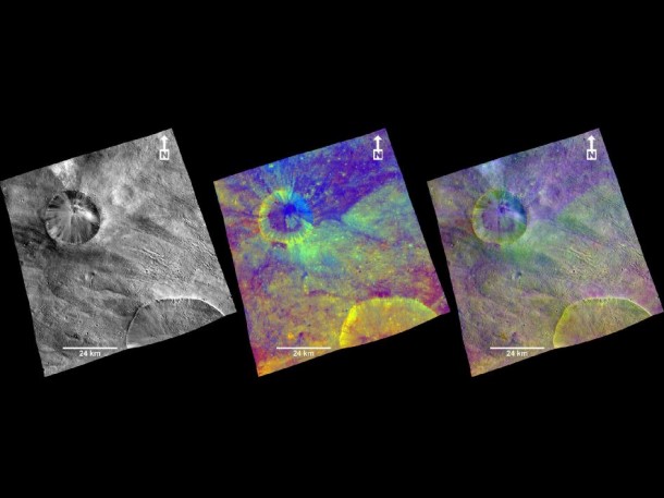 These composite images from the framing camera aboard NASA's Dawn spacecraft show three views of a terrain with ridges and grooves near Aquilia crater in the southern hemisphere of the giant asteroid Vesta. Image credit: NASA/JPL-Caltech/UCLA/MPS/DLR/IDA These composite images from the framing camera aboard NASA's Dawn spacecraft show three views of a terrain with ridges and grooves near Aquilia crater in the southern hemisphere of the giant asteroid Vesta. Image credit: NASA/JPL-Caltech/UCLA/MPS/DLR/IDA