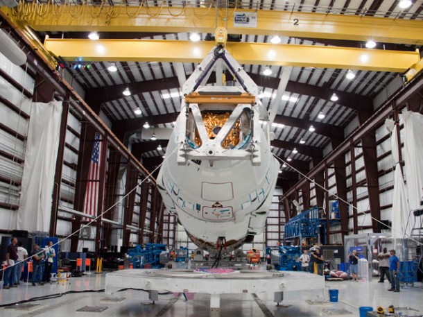 This week the Dragon spacecraft was mated to the Falcon 9 rocket in SpaceX’s hangar in Cape Canaveral, FL. Credit: NASA This week the Dragon spacecraft was mated to the Falcon 9 rocket in SpaceX’s hangar in Cape Canaveral, FL. Credit: NASA