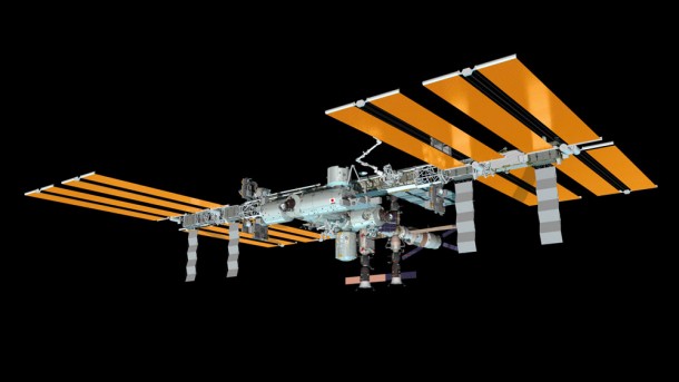 The current configuration of the station includes four docked vehicles – two Soyuz spacecraft, a Progress resupply ship and Europe’s third Automated Transfer Vehicle. Credit: NASA The current configuration of the station includes four docked vehicles – two Soyuz spacecraft, a Progress resupply ship and Europe’s third Automated Transfer Vehicle. Credit: NASA