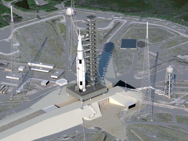 The Space Launch System stands at Launch Pad 39B in this artist concept. Concept credit: NASA The Space Launch System stands at Launch Pad 39B in this artist concept. Concept credit: NASA