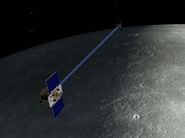 An artist's depiction of the twin spacecraft that comprise NASA's Gravity Recovery And Interior Laboratory (GRAIL) mission. During the GRAIL mission's science phase, spacecraft (Ebb and Flow) transmit radio signals precisely defining the distance between them as they orbit the moon in formation. Image credit: NASA/JPL-Caltech/MIT An artist's depiction of the twin spacecraft that comprise NASA's Gravity Recovery And Interior Laboratory (GRAIL) mission. During the GRAIL mission's science phase, spacecraft (Ebb and Flow) transmit radio signals precisely defining the distance between them as they orbit the moon in formation. Image credit: NASA/JPL-Caltech/MIT