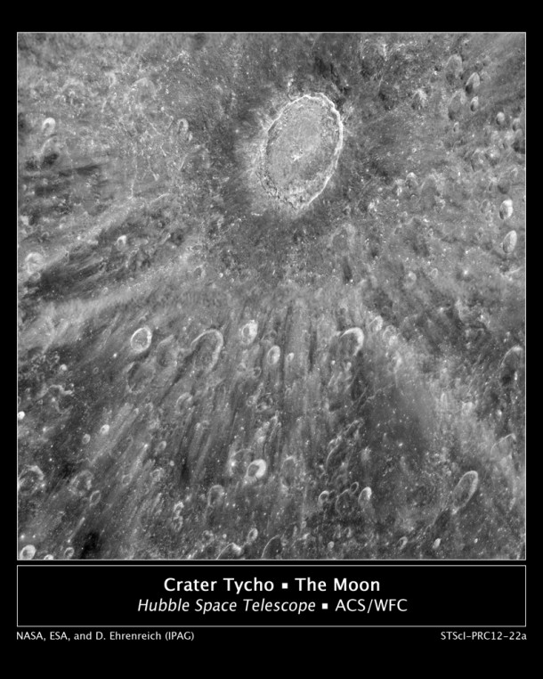 This mottled landscape showing the impact crater Tycho is among the most violent-looking places on our Moon. Credit: NASA/ESA/D. Ehrenreic This mottled landscape showing the impact crater Tycho is among the most violent-looking places on our Moon. Credit: NASA/ESA/D. Ehrenreic