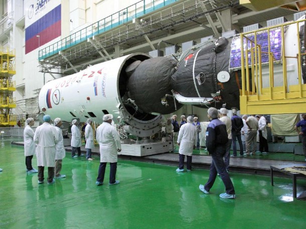 The Soyuz TMA-04M spacecraft is placed inside its booster rocket. Credit: NASA/Victor Zelentsov The Soyuz TMA-04M spacecraft is placed inside its booster rocket. Credit: NASA/Victor Zelentsov