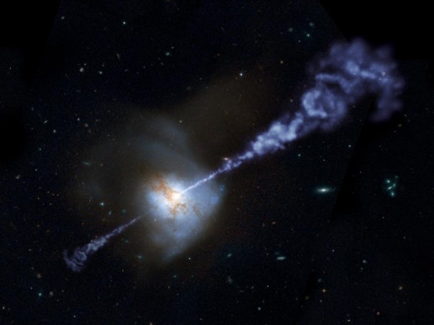 This artistically modified image of the local galaxy Arp 220, captured by the Hubble Space Telescope, helps illustrate the Herschel results. The bright core of the galaxy, paired with an overlaid artist's impression of jets emanating from it, indicate that the central black hole's activity is intensifying. As the active black hole continues to rev up, the rate of star formation will, in turn, be tamped down in the galaxy. Astronomers want to further study how star formation and black hole activity are intertwined. Image credit: NASA/JPL-Caltech This artistically modified image of the local galaxy Arp 220, captured by the Hubble Space Telescope, helps illustrate the Herschel results. The bright core of the galaxy, paired with an overlaid artist's impression of jets emanating from it, indicate that the central black hole's activity is intensifying. As the active black hole continues to rev up, the rate of star formation will, in turn, be tamped down in the galaxy. Astronomers want to further study how star formation and black hole activity are intertwined. Image credit: NASA/JPL-Caltech