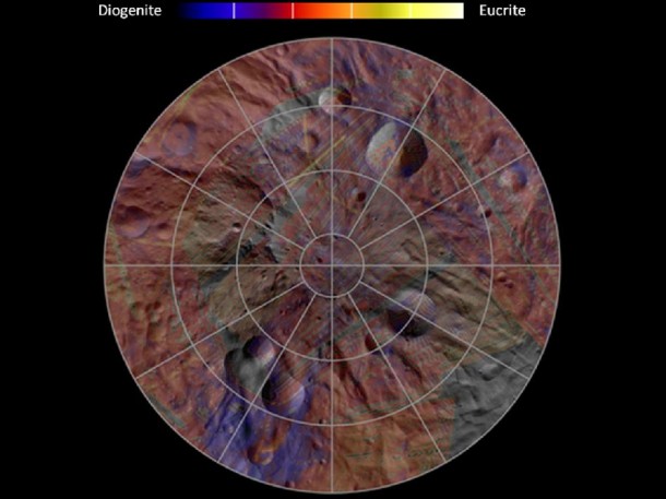 This image, made from data obtained by NASA's Dawn spacecraft, shows the mineral distribution in the southern hemisphere of the giant asteroid Vesta. Image credit: NASA/JPL-Caltech/UCLA/INAF/MPS/DLR/IDA This image, made from data obtained by NASA's Dawn spacecraft, shows the mineral distribution in the southern hemisphere of the giant asteroid Vesta. Image credit: NASA/JPL-Caltech/UCLA/INAF/MPS/DLR/IDA