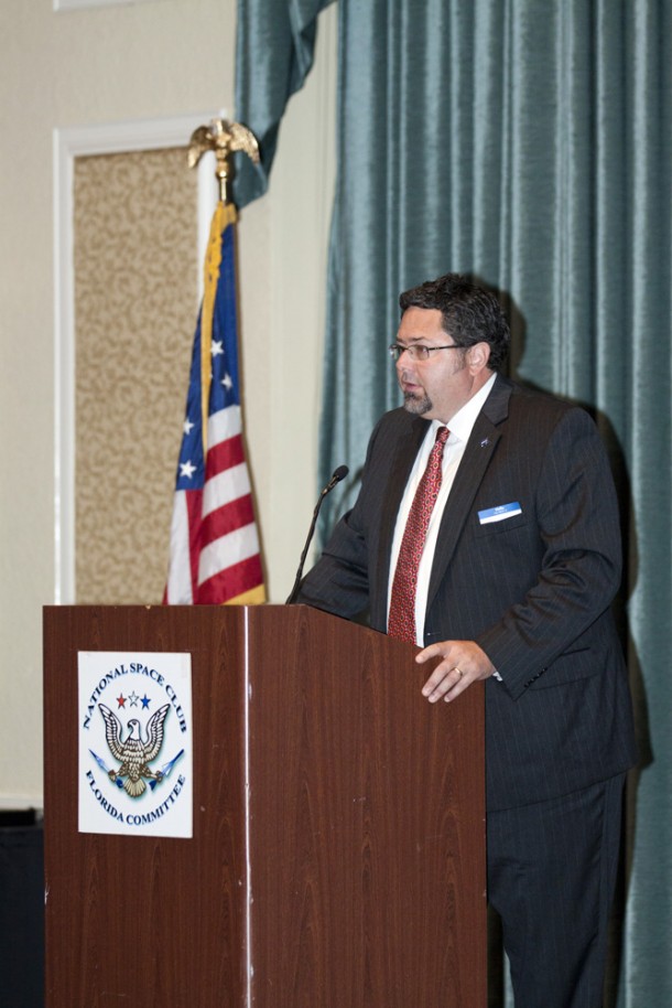 Todd May, SLS program manager, details the program's status during a session of the National Space Club's Florida Committee. Photo credit: NASA/Kim Shiflett Todd May, SLS program manager, details the program's status during a session of the National Space Club's Florida Committee. Photo credit: NASA/Kim Shiflett