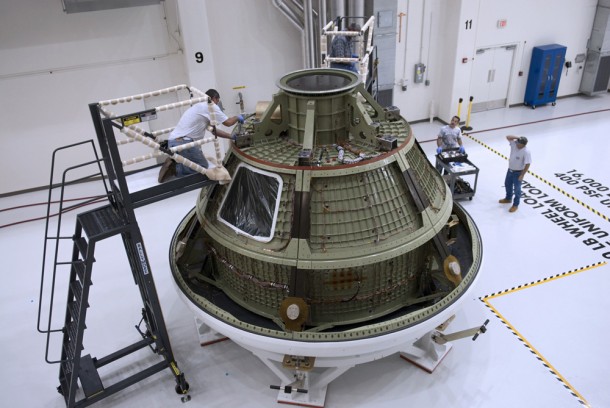 The ground test article of the Orion spacecraft is at NASA's Kennedy Space Center for processing tests and fittings as the center prepares to outfit the Orion spacecraft that will fly the first test mission in 2014. Photo credit: NASA/Charisse Nahser The ground test article of the Orion spacecraft is at NASA's Kennedy Space Center for processing tests and fittings as the center prepares to outfit the Orion spacecraft that will fly the first test mission in 2014. Photo credit: NASA/Charisse Nahser