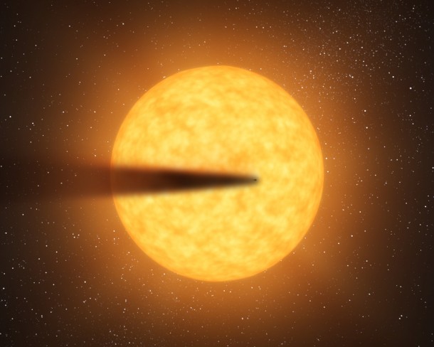 The artist's concept depicts a comet-like tail of a possible disintegrating super Mercury-size planet candidate as it transits its parent star named KIC 12557548. At an orbital distance of only twice the diameter of its star, the surface temperature of the potential planet is estimated to be a sweltering 3,300 degrees Fahrenheit. At such a high temperature, the surface would melt and evaporate. The energy from the resulting wind would be enough to allow dust and gas to escape into space creating a trailing dusty effluence that intermittently blocks the starlight. Image credit: NASA/JPL-Caltech The artist's concept depicts a comet-like tail of a possible disintegrating super Mercury-size planet candidate as it transits its parent star named KIC 12557548. At an orbital distance of only twice the diameter of its star, the surface temperature of the potential planet is estimated to be a sweltering 3,300 degrees Fahrenheit. At such a high temperature, the surface would melt and evaporate. The energy from the resulting wind would be enough to allow dust and gas to escape into space creating a trailing dusty effluence that intermittently blocks the starlight. Image credit: NASA/JPL-Caltech
