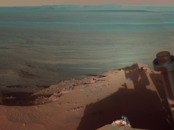 NASA's Mars Rover Opportunity catches its own late-afternoon shadow in this dramatically lit view eastward across Endeavour Crater on Mars. Image Credit: NASA/JPL-Caltech/Cornell/Arizona State Univ. NASA's Mars Rover Opportunity catches its own late-afternoon shadow in this dramatically lit view eastward across Endeavour Crater on Mars. Image Credit: NASA/JPL-Caltech/Cornell/Arizona State Univ.