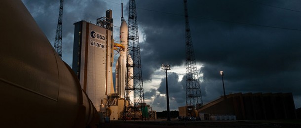 Ariane 5 is shown prior to liftoff from the Spaceport’s ELA-3 launch complex with its dual-passenger payload of JCSAT-13 and VINASAT-2. Ariane 5 is shown prior to liftoff from the Spaceport’s ELA-3 launch complex with its dual-passenger payload of JCSAT-13 and VINASAT-2.