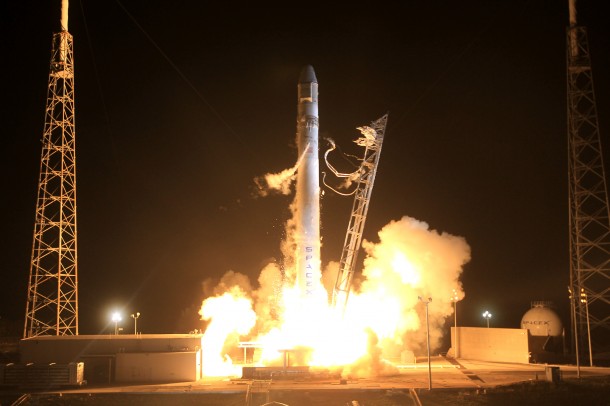 The Falcon 9 rocket's engines ignite on the SpaceX launch pad at Cape Canaveral Air Force Station, May 22, 2012. Credit: SpaceX The Falcon 9 rocket's engines ignite on the SpaceX launch pad at Cape Canaveral Air Force Station, May 22, 2012. Credit: SpaceX