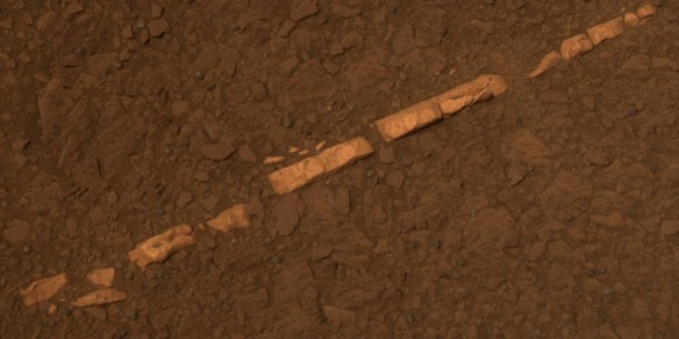 This color view of a mineral vein called "Homestake" comes from the panoramic camera (Pancam) on NASA's Mars Exploration Rover Opportunity. The vein is about the width of a thumb and about 18 inches (45 centimeters) long. Image Credit: NASA/JPL-Caltech/Cornell/ASU This color view of a mineral vein called "Homestake" comes from the panoramic camera (Pancam) on NASA's Mars Exploration Rover Opportunity. The vein is about the width of a thumb and about 18 inches (45 centimeters) long. Image Credit: NASA/JPL-Caltech/Cornell/ASU
