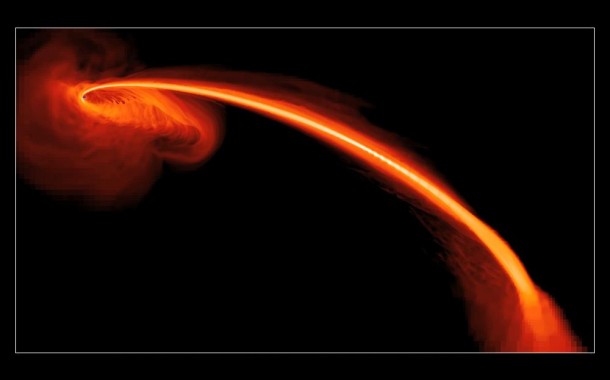 This computer-simulated image shows gas from a tidally shredded star falling into a black hole. Image credit: NASA/JPL-Caltech/JHU/UCSC This computer-simulated image shows gas from a tidally shredded star falling into a black hole. Image credit: NASA/JPL-Caltech/JHU/UCSC