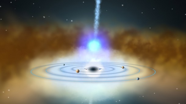 This illustration compares the environment around NGC 4151's supermassive black hole with the orbits of the planets in our solar system; the planets themselves are not shown to scale. Echoes of X-ray flares detected in XMM-Newton data demonstrate that the X-ray source (blue sphere, center) is located above the black hole's accretion disk. The time lag between flares in the source and their reflection in the accretion disk places the X-ray source about four times Earth's distance from the sun. Credit: NASA's Goddard Space Flight Center This illustration compares the environment around NGC 4151's supermassive black hole with the orbits of the planets in our solar system; the planets themselves are not shown to scale. Echoes of X-ray flares detected in XMM-Newton data demonstrate that the X-ray source (blue sphere, center) is located above the black hole's accretion disk. The time lag between flares in the source and their reflection in the accretion disk places the X-ray source about four times Earth's distance from the sun. Credit: NASA's Goddard Space Flight Center