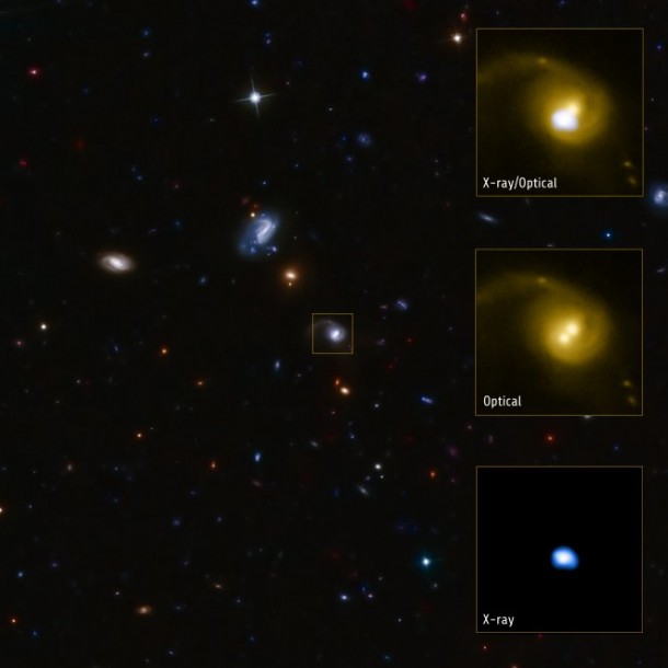 System CID-42, located about four billion light years away (X-ray: NASA/CXC/SAO/F.Civano et al; Optical: NASA/STScI; Optical (wide field): CFHT, NASA/STScI) System CID-42, located about four billion light years away (X-ray: NASA/CXC/SAO/F.Civano et al; Optical: NASA/STScI; Optical (wide field): CFHT, NASA/STScI)