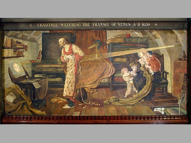 The first recorded transit of Venus: William Crabtree (1610–1644) was an astronomer, mathematician, and merchant from what is now Greater Manchester, England. He was one of only two people to observe and record the first predicted transit of Venus in 1639. Credit: Ford Madox Brown, mural at Manchester Town Hall. The first recorded transit of Venus: William Crabtree (1610–1644) was an astronomer, mathematician, and merchant from what is now Greater Manchester, England. He was one of only two people to observe and record the first predicted transit of Venus in 1639. Credit: Ford Madox Brown, mural at Manchester Town Hall.