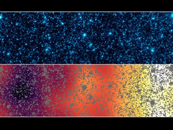 Astronomers have uncovered patterns of light that appear to be from the first stars and galaxies that formed in the universe. The light patterns were hidden within a strip of sky observed by NASA's Spitzer Space Telescope. Image credit: NASA/JPL-Caltech/GSFC Astronomers have uncovered patterns of light that appear to be from the first stars and galaxies that formed in the universe. The light patterns were hidden within a strip of sky observed by NASA's Spitzer Space Telescope. Image credit: NASA/JPL-Caltech/GSFC