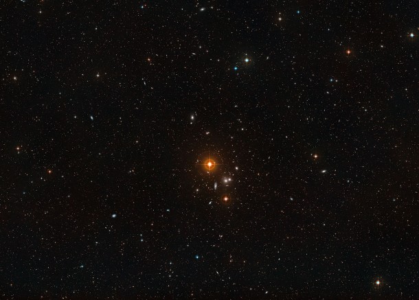 This image shows a wide field of view around the overlapping galaxy pair NGC 3314. While the two galaxies look as if they are in the midst of a collision, this is in fact a trick of perspective: the two are in chance alignment from our vantage point. Credit: NASA, ESA, Digitized Sky Survey 2 (Acknowledgement: Davide de Martin) This image shows a wide field of view around the overlapping galaxy pair NGC 3314. While the two galaxies look as if they are in the midst of a collision, this is in fact a trick of perspective: the two are in chance alignment from our vantage point. Credit: NASA, ESA, Digitized Sky Survey 2 (Acknowledgement: Davide de Martin)