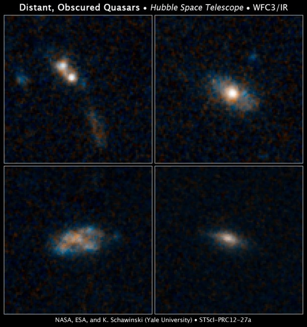 The galaxies in these four images have so much dust surrounding them that the brilliant light from their quasars cannot be seen in these Hubble Space Telescope images. Quasars are the brilliant beacons of light that are powered by black holes feasting on captured material, and in the process, heating some of the matter to millions of degrees. The images at top right, bottom left, and bottom right reveal three of the survey's normal-looking galaxies that host quasars. Only one galaxy in the sample, at top left, shows evidence of an interaction with another galaxy. The two white blobs are the cores from both galaxies. A streamer of material, colored brown and blue, also lies below the merging galaxies.The galaxies existed roughly 8 billion to 12 billion years ago, during a peak epoch of black-hole growth. The galaxies' masses are comparable to our Milky Way's. The blue patches are star-forming regions. The brown areas are either dust or old stars. The images were taken by Hubble's Wide Field Camera 3 between 2011 and 2012. Credit: NASA, ESA, and K. Schawinski (Yale University) The galaxies in these four images have so much dust surrounding them that the brilliant light from their quasars cannot be seen in these Hubble Space Telescope images. Quasars are the brilliant beacons of light that are powered by black holes feasting on captured material, and in the process, heating some of the matter to millions of degrees. The images at top right, bottom left, and bottom right reveal three of the survey's normal-looking galaxies that host quasars. Only one galaxy in the sample, at top left, shows evidence of an interaction with another galaxy. The two white blobs are the cores from both galaxies. A streamer of material, colored brown and blue, also lies below the merging galaxies.The galaxies existed roughly 8 billion to 12 billion years ago, during a peak epoch of black-hole growth. The galaxies' masses are comparable to our Milky Way's. The blue patches are star-forming regions. The brown areas are either dust or old stars. The images were taken by Hubble's Wide Field Camera 3 between 2011 and 2012. Credit: NASA, ESA, and K. Schawinski (Yale University)