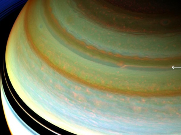 A particularly strong jet stream churns through Saturn's northern hemisphere in this false-color view from NASA's Cassini spacecraft. Image credit: NASA/JPL-Caltech/SSI A particularly strong jet stream churns through Saturn's northern hemisphere in this false-color view from NASA's Cassini spacecraft. Image credit: NASA/JPL-Caltech/SSI