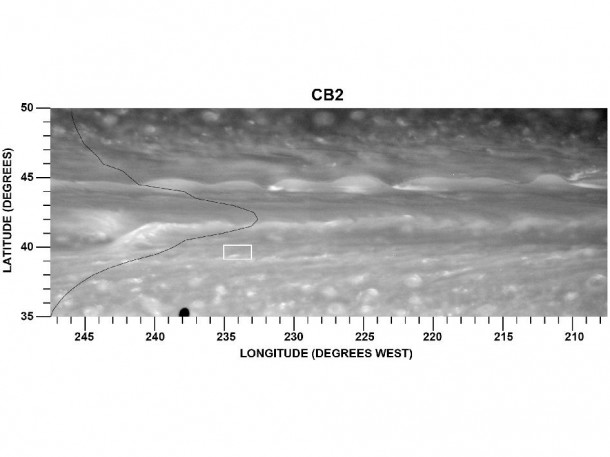 This figure examines a particularly strong jet stream and the eddies that drive it through the atmosphere of Saturn's northern hemisphere. Image credit: NASA/JPL-Caltech/SSI This figure examines a particularly strong jet stream and the eddies that drive it through the atmosphere of Saturn's northern hemisphere. Image credit: NASA/JPL-Caltech/SSI