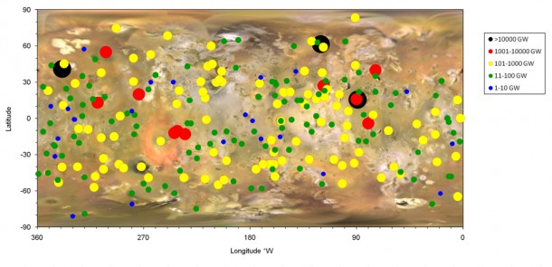 Thermal emission from erupting volcanoes on the jovian moon, Io. A logarithmic scale is used to classify volcanoes on the basis of thermal emission: the larger the spot, the larger the thermal emission. Image credit: NASA/JPL-Caltech/Bear Fight Institute Thermal emission from erupting volcanoes on the jovian moon, Io. A logarithmic scale is used to classify volcanoes on the basis of thermal emission: the larger the spot, the larger the thermal emission. Image credit: NASA/JPL-Caltech/Bear Fight Institute