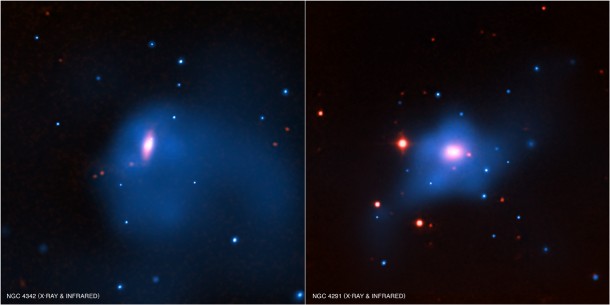 Galaxies NGC 4342 and NGC 4291. (X-ray: NASA/CXC/SAO/A.Bogdan et al; Infrared: 2MASS/UMass/IPAC-Caltech/ NASA/NSF) Galaxies NGC 4342 and NGC 4291. (X-ray: NASA/CXC/SAO/A.Bogdan et al; Infrared: 2MASS/UMass/IPAC-Caltech/ NASA/NSF)