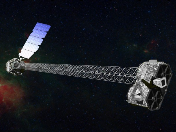 Artist's concept of NuSTAR on orbit. NuSTAR has a 10-m (30') mast that deploys after launch to separate the optics modules (right) from the detectors in the focal plane (left). Image credit: NASA/JPL-Caltech Artist's concept of NuSTAR on orbit. NuSTAR has a 10-m (30') mast that deploys after launch to separate the optics modules (right) from the detectors in the focal plane (left). Image credit: NASA/JPL-Caltech
