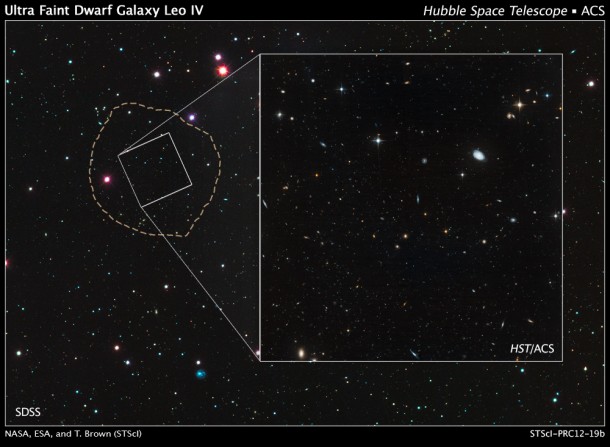 The small and faint star-starved dwarf galaxy, Leo IV, is one of more than a dozen ultra-faint dwarf galaxies found lurking around the Milky Way. These galaxies are dominated by dark matter, an invisible substance that makes up the bulk of the universe's mass. The wide image, taken by the Sloan Digital Sky Survey, is a view of Leo IV and the surrounding neighborhood. The galaxy resides 500,000 light-years from Earth. The dotted line marks the galaxy's boundaries, measuring about 1,100 light-years wide. The small white box outlines the Hubble Space Telescope's view. Credit: NASA, ESA, and T. Brown (STScI) The small and faint star-starved dwarf galaxy, Leo IV, is one of more than a dozen ultra-faint dwarf galaxies found lurking around the Milky Way. These galaxies are dominated by dark matter, an invisible substance that makes up the bulk of the universe's mass. The wide image, taken by the Sloan Digital Sky Survey, is a view of Leo IV and the surrounding neighborhood. The galaxy resides 500,000 light-years from Earth. The dotted line marks the galaxy's boundaries, measuring about 1,100 light-years wide. The small white box outlines the Hubble Space Telescope's view. Credit: NASA, ESA, and T. Brown (STScI)