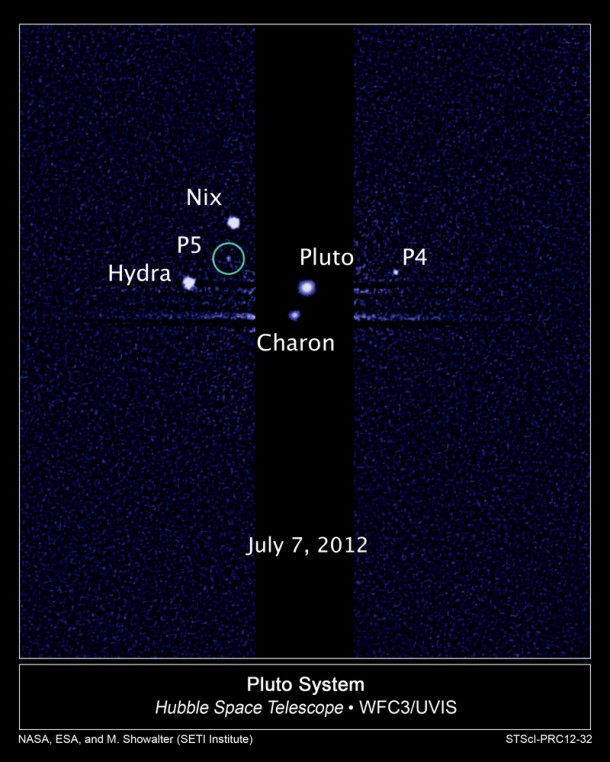 This image, taken by NASA's Hubble Space Telescope, shows five moons orbiting the distant, icy dwarf planet Pluto. The green circle marks the newly discovered moon, designated P5, as photographed by Hubble's Wide Field Camera 3 on July 7. The observations will help scientists in their planning for the July 2015 flyby of Pluto by NASA's New Horizons spacecraft. P4 was uncovered in Hubble imagery in 2011. (Credit: NASA; ESA; M. Showalter, SETI Institute) This image, taken by NASA's Hubble Space Telescope, shows five moons orbiting the distant, icy dwarf planet Pluto. The green circle marks the newly discovered moon, designated P5, as photographed by Hubble's Wide Field Camera 3 on July 7. The observations will help scientists in their planning for the July 2015 flyby of Pluto by NASA's New Horizons spacecraft. P4 was uncovered in Hubble imagery in 2011. (Credit: NASA; ESA; M. Showalter, SETI Institute)