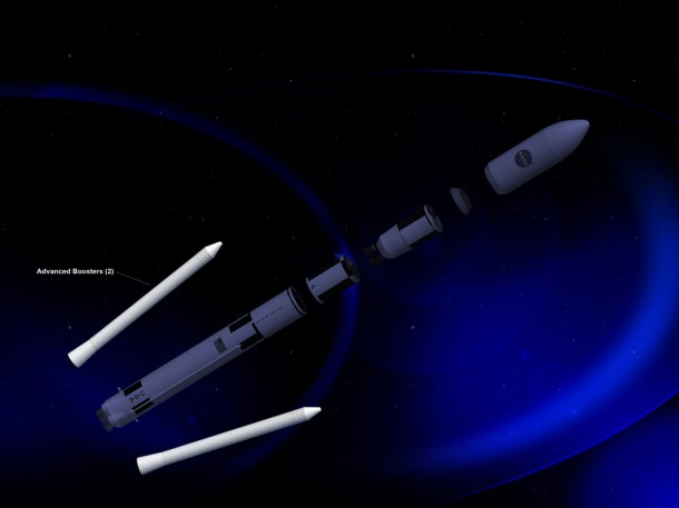 An expanded view of an artist rendering of the 130-metric-ton configuration of NASA's Space Launch System, managed by the Marshall Space Flight Center in Huntsville, Ala. The evolved SLS vehicle will require an advanced booster, highlighted above, with significant increase in thrust from any existing U.S. liquid or solid boosters. (NASA) An expanded view of an artist rendering of the 130-metric-ton configuration of NASA's Space Launch System, managed by the Marshall Space Flight Center in Huntsville, Ala. The evolved SLS vehicle will require an advanced booster, highlighted above, with significant increase in thrust from any existing U.S. liquid or solid boosters. (NASA)