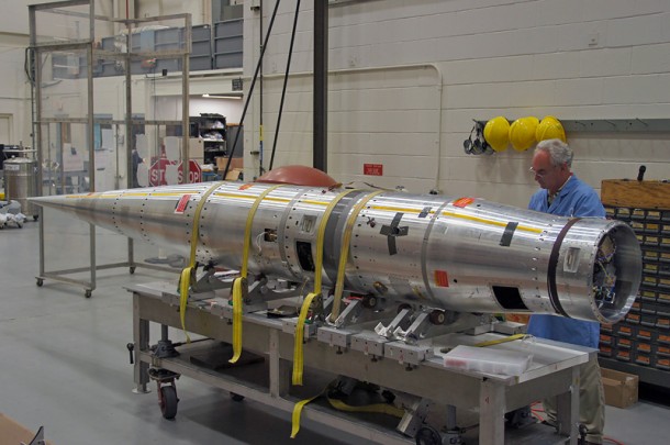 Technicians at NASA's Wallops Flight Facility in Wallops Island, Va., mated the components of the Inflatable Reentry Vehicle Experiment into the nosecone and sounding rocket. Credit: NASA/Kathy Barnstorff Technicians at NASA's Wallops Flight Facility in Wallops Island, Va., mated the components of the Inflatable Reentry Vehicle Experiment into the nosecone and sounding rocket. Credit: NASA/Kathy Barnstorff