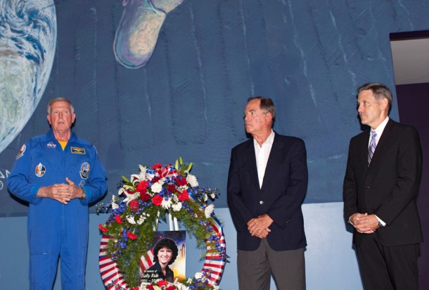 Former astronauts Jon McBride, Bob Crippen and Bob Cabana lay a wreath at the U. S. Astronaut Hall of Fame honoring Sally K. Ride. Photo credit: NASA Former astronauts Jon McBride, Bob Crippen and Bob Cabana lay a wreath at the U. S. Astronaut Hall of Fame honoring Sally K. Ride. Photo credit: NASA