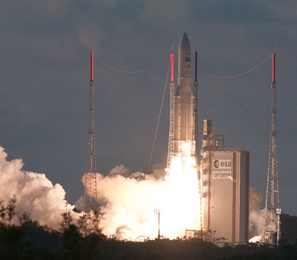 During its on-time liftoff today, Ariane 5 ascends from French Guiana at sunset with the EchoStar XVII and MSG-3 satellite payloads. During its on-time liftoff today, Ariane 5 ascends from French Guiana at sunset with the EchoStar XVII and MSG-3 satellite payloads.